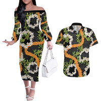 Aloha Festive Hawaii Couples Matching Off The Shoulder Long Sleeve Dress and Hawaiian Shirt Mokihana - Maile and Ilima on Black LT7 Black - Polynesian Pride