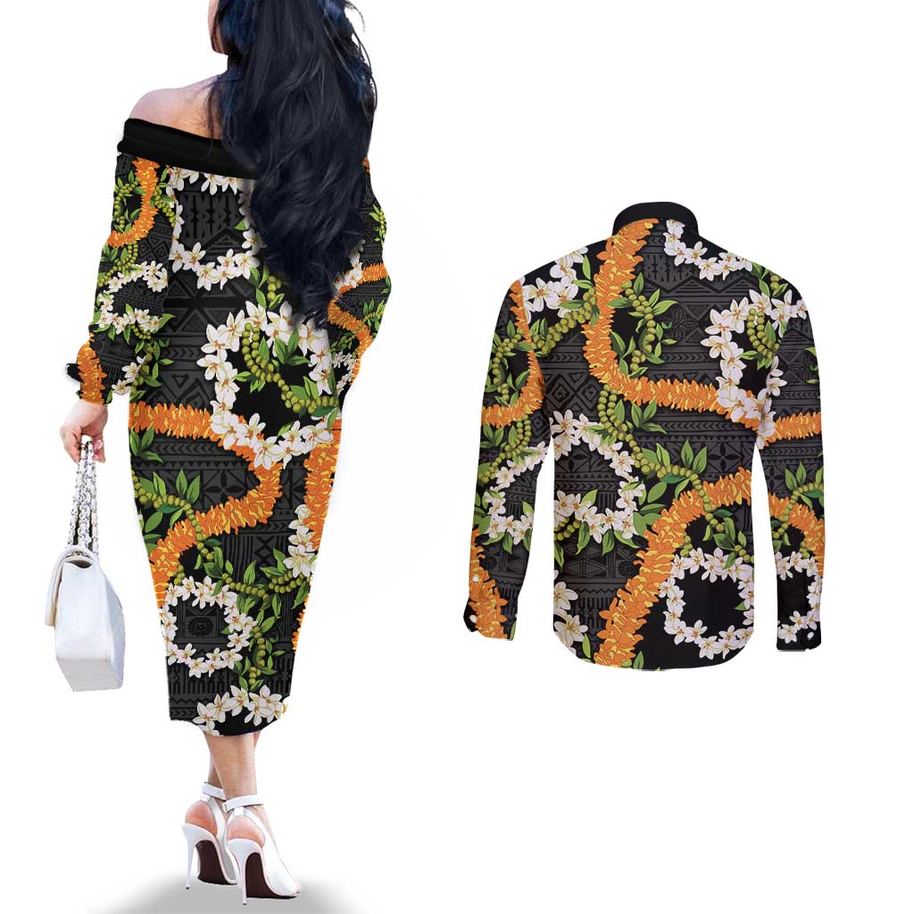 Aloha Festive Hawaii Couples Matching Off The Shoulder Long Sleeve Dress and Long Sleeve Button Shirt Mokihana - Maile and Ilima on Black LT7 - Polynesian Pride