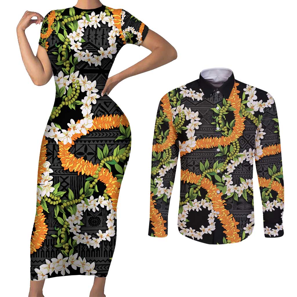 Aloha Festive Hawaii Couples Matching Short Sleeve Bodycon Dress and Long Sleeve Button Shirt Mokihana - Maile and Ilima on Black LT7 Black - Polynesian Pride