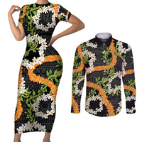 Aloha Festive Hawaii Couples Matching Short Sleeve Bodycon Dress and Long Sleeve Button Shirt Mokihana - Maile and Ilima on Black LT7 Black - Polynesian Pride