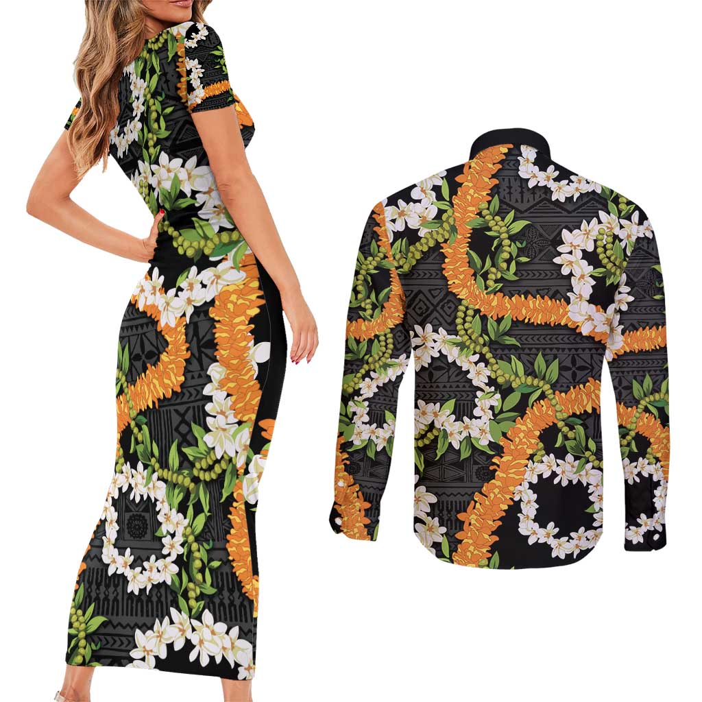 Aloha Festive Hawaii Couples Matching Short Sleeve Bodycon Dress and Long Sleeve Button Shirt Mokihana - Maile and Ilima on Black LT7 - Polynesian Pride
