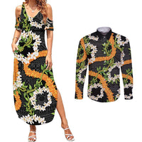 Aloha Festive Hawaii Couples Matching Summer Maxi Dress and Long Sleeve Button Shirt Mokihana - Maile and Ilima on Black LT7 Black - Polynesian Pride
