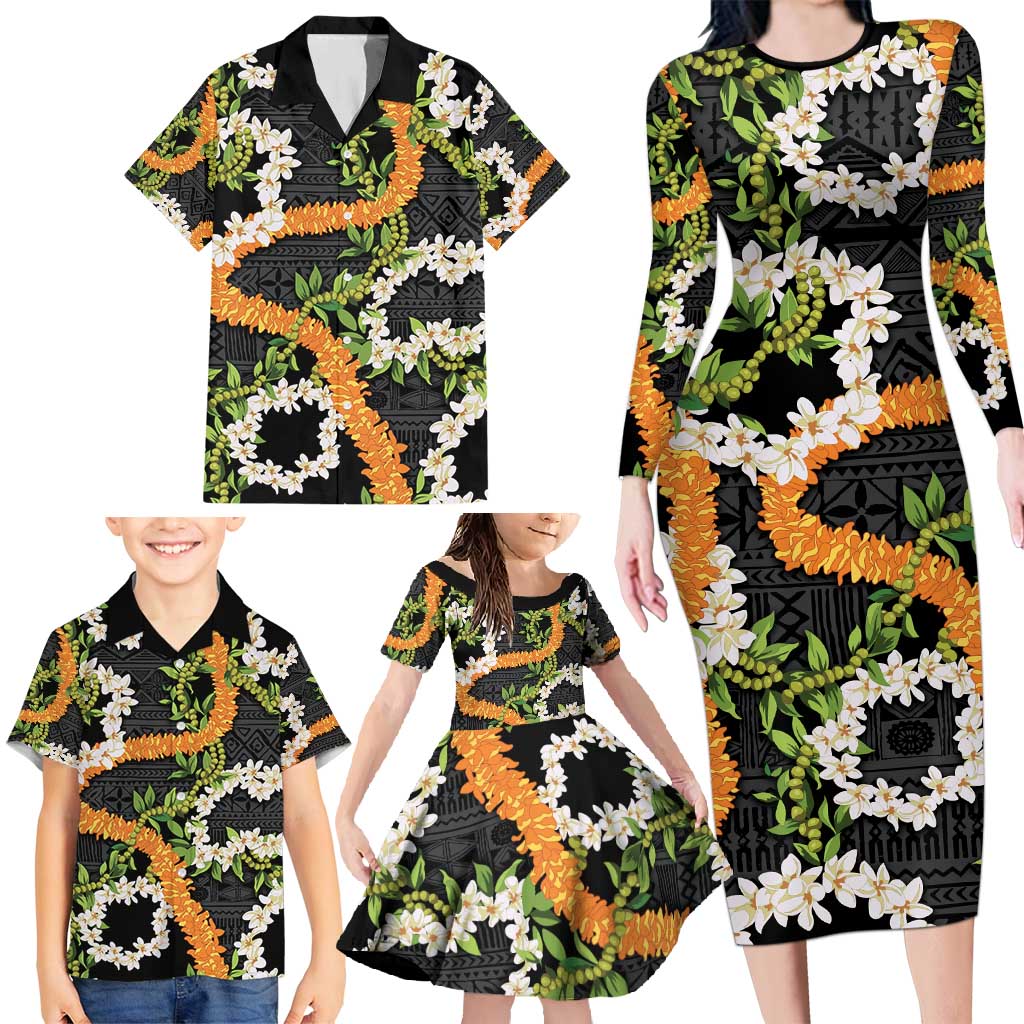 Aloha Festive Hawaii Family Matching Long Sleeve Bodycon Dress and Hawaiian Shirt Mokihana - Maile and Ilima on Black LT7 - Polynesian Pride