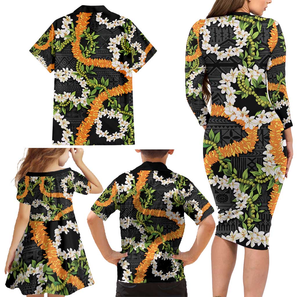 Aloha Festive Hawaii Family Matching Long Sleeve Bodycon Dress and Hawaiian Shirt Mokihana - Maile and Ilima on Black LT7 - Polynesian Pride