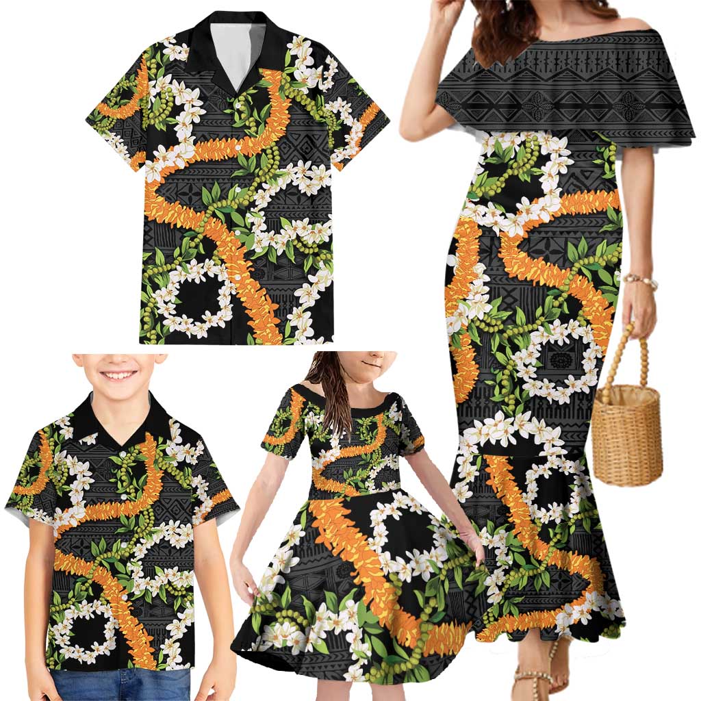 Aloha Festive Hawaii Family Matching Mermaid Dress and Hawaiian Shirt Mokihana - Maile and Ilima on Black LT7 - Polynesian Pride