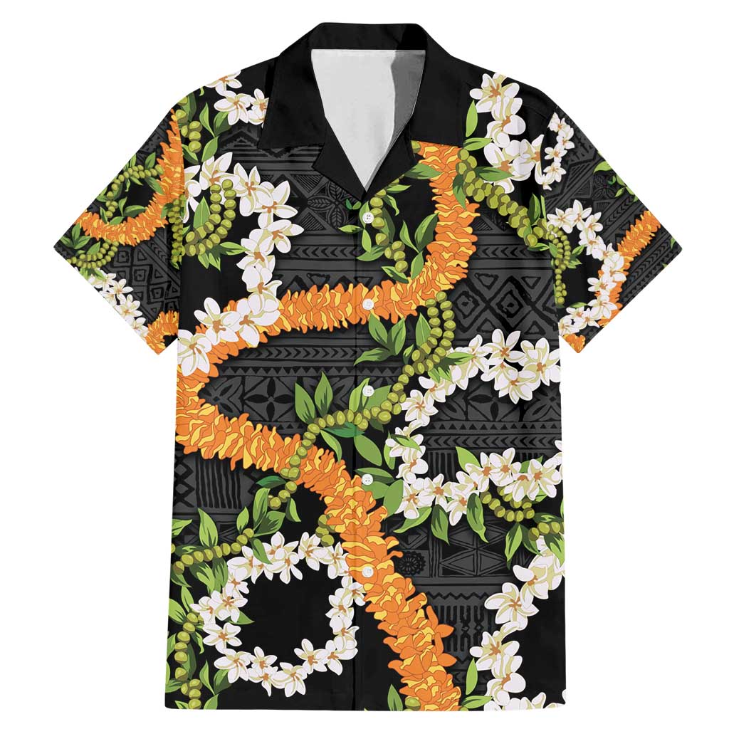 Aloha Festive Hawaii Family Matching Mermaid Dress and Hawaiian Shirt Mokihana - Maile and Ilima on Black LT7 Dad's Shirt - Short Sleeve Black - Polynesian Pride