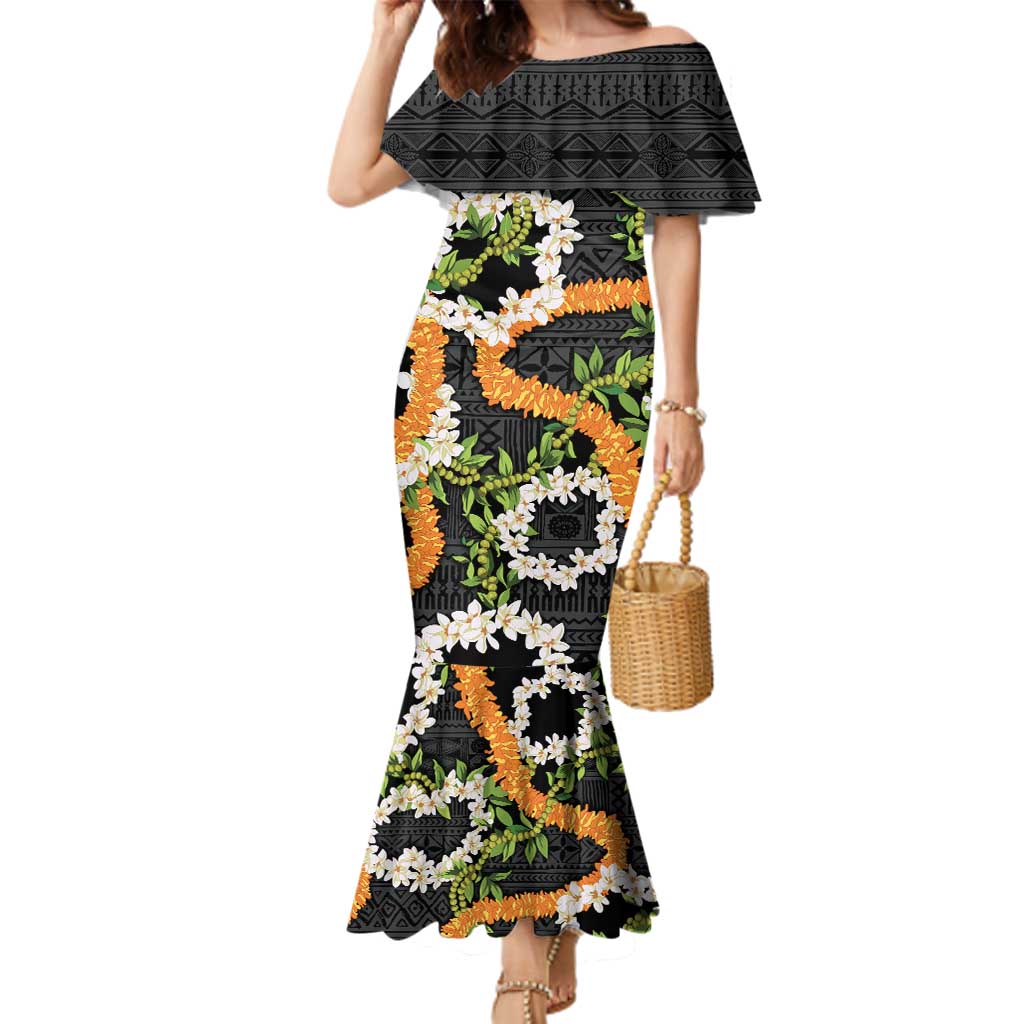 Aloha Festive Hawaii Family Matching Mermaid Dress and Hawaiian Shirt Mokihana - Maile and Ilima on Black LT7 Mom's Dress Black - Polynesian Pride