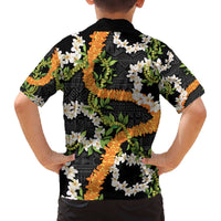 Aloha Festive Hawaii Family Matching Off The Shoulder Long Sleeve Dress and Hawaiian Shirt Mokihana - Maile and Ilima on Black LT7 - Polynesian Pride