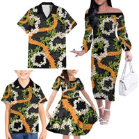 Aloha Festive Hawaii Family Matching Off The Shoulder Long Sleeve Dress and Hawaiian Shirt Mokihana - Maile and Ilima on Black LT7 - Polynesian Pride