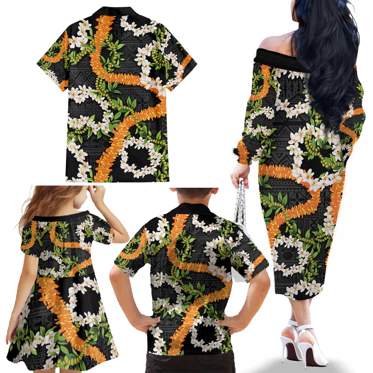 Aloha Festive Hawaii Family Matching Off The Shoulder Long Sleeve Dress and Hawaiian Shirt Mokihana - Maile and Ilima on Black LT7 - Polynesian Pride