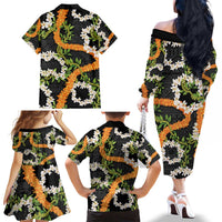 Aloha Festive Hawaii Family Matching Off The Shoulder Long Sleeve Dress and Hawaiian Shirt Mokihana - Maile and Ilima on Black LT7 - Polynesian Pride