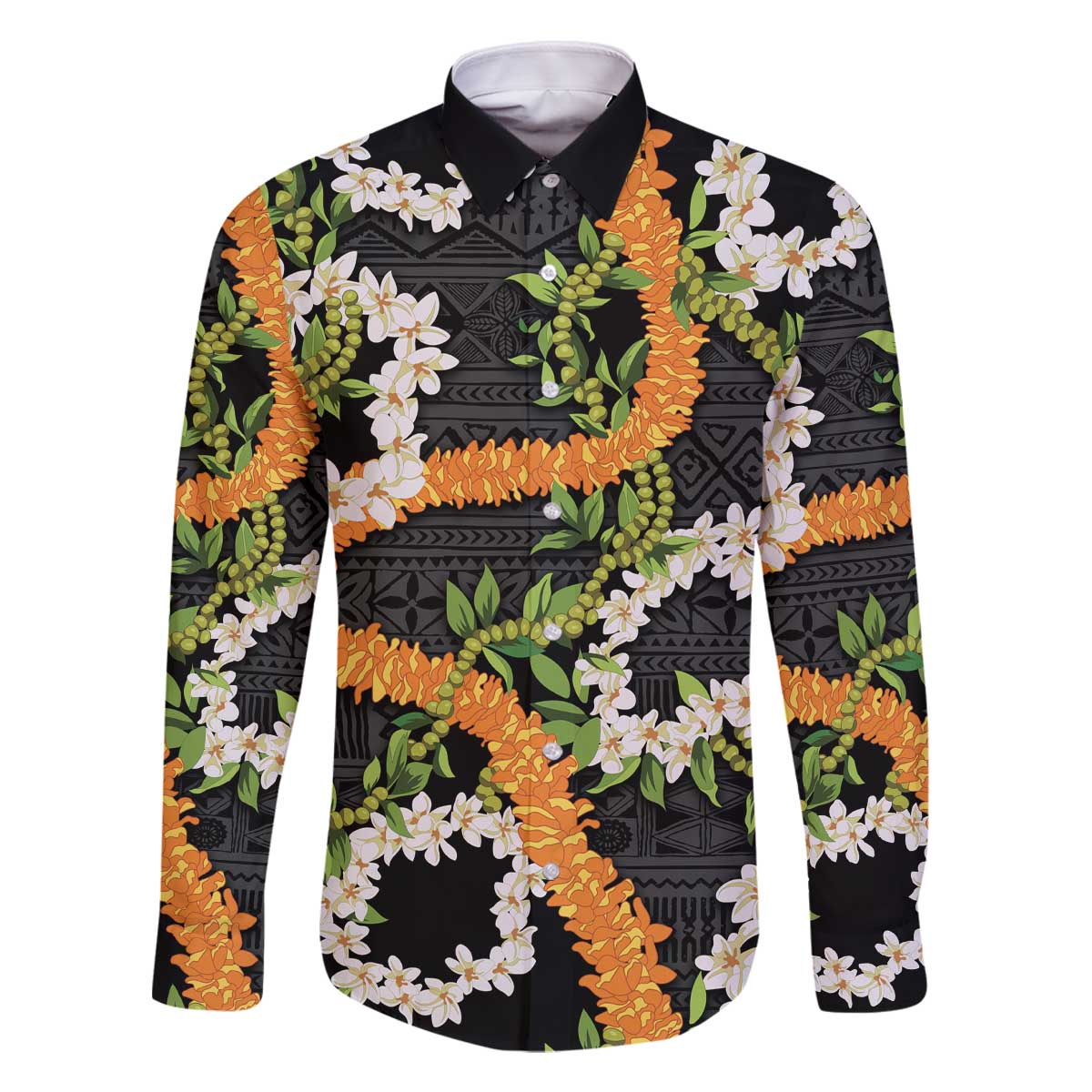 Aloha Festive Hawaii Family Matching Off The Shoulder Long Sleeve Dress and Hawaiian Shirt Mokihana - Maile and Ilima on Black LT7 Dad's Shirt - Long Sleeve Black - Polynesian Pride