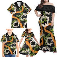 Aloha Festive Hawaii Family Matching Off Shoulder Maxi Dress and Hawaiian Shirt Mokihana - Maile and Ilima on Black LT7 - Polynesian Pride