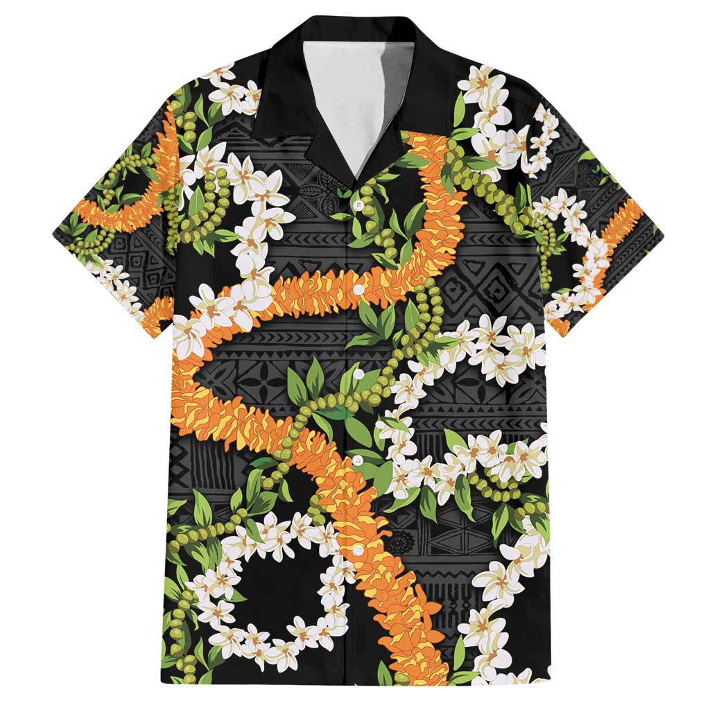 Aloha Festive Hawaii Family Matching Off Shoulder Maxi Dress and Hawaiian Shirt Mokihana - Maile and Ilima on Black LT7 Dad's Shirt - Short Sleeve Black - Polynesian Pride