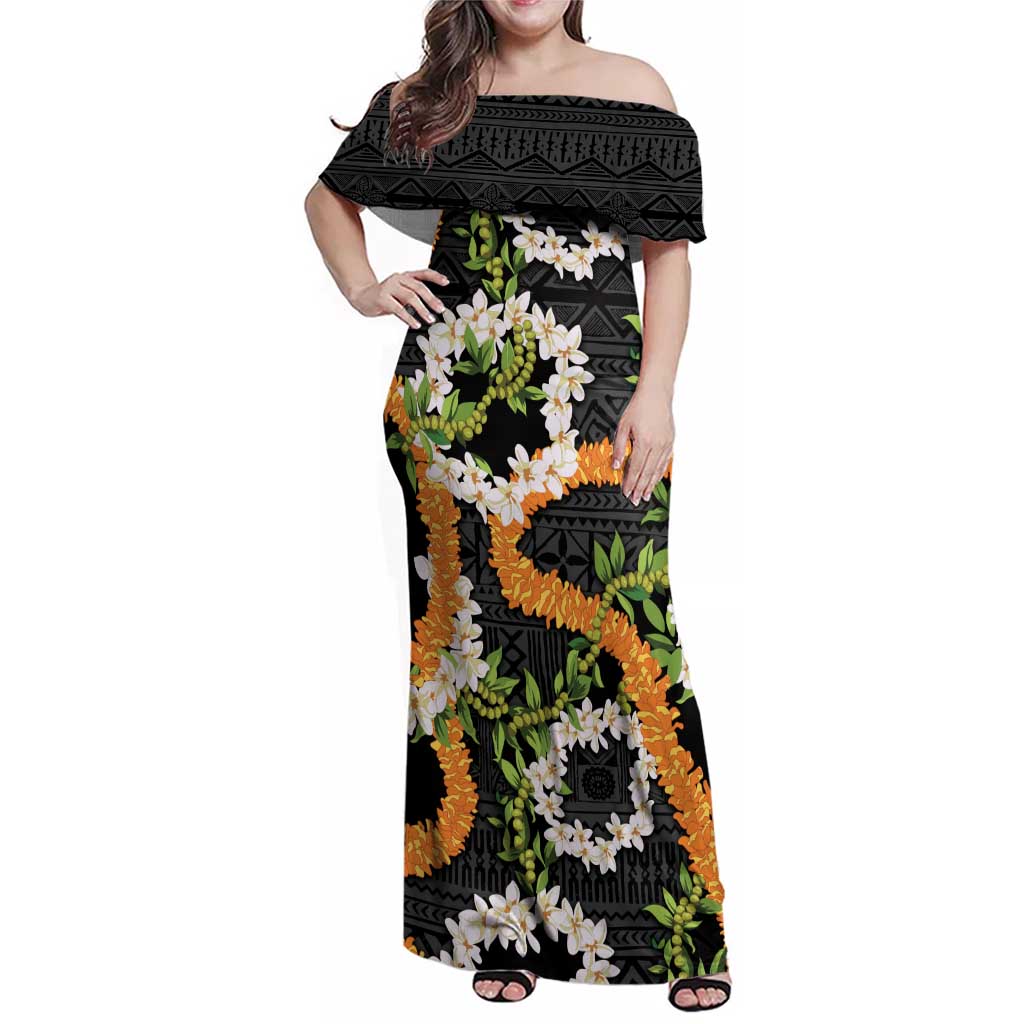 Aloha Festive Hawaii Family Matching Off Shoulder Maxi Dress and Hawaiian Shirt Mokihana - Maile and Ilima on Black LT7 Mom's Dress Black - Polynesian Pride