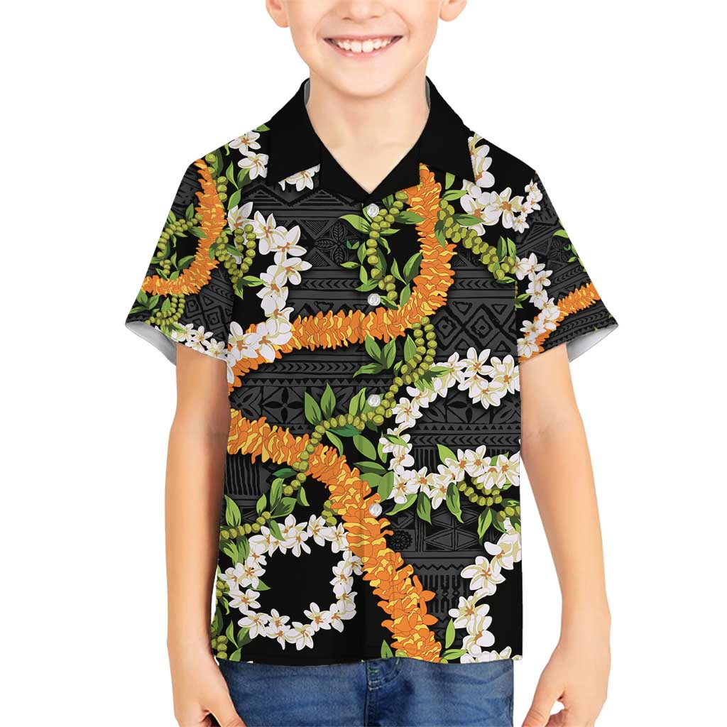 Aloha Festive Hawaii Family Matching Off Shoulder Maxi Dress and Hawaiian Shirt Mokihana - Maile and Ilima on Black LT7 Son's Shirt Black - Polynesian Pride