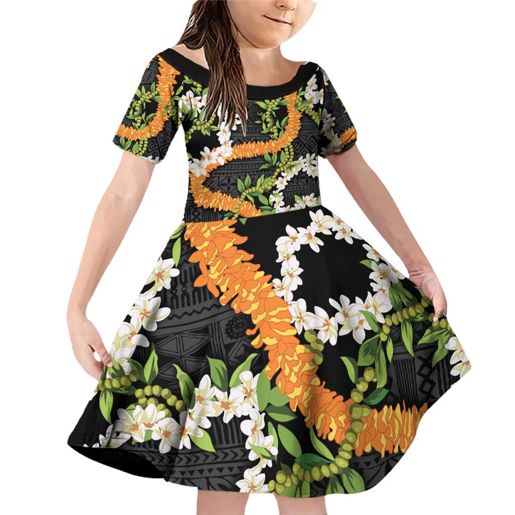 Aloha Festive Hawaii Family Matching Off Shoulder Short Dress and Hawaiian Shirt Mokihana - Maile and Ilima on Black LT7 Daughter's Dress Black - Polynesian Pride