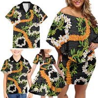 Aloha Festive Hawaii Family Matching Off Shoulder Short Dress and Hawaiian Shirt Mokihana - Maile and Ilima on Black LT7 - Polynesian Pride