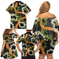 Aloha Festive Hawaii Family Matching Off Shoulder Short Dress and Hawaiian Shirt Mokihana - Maile and Ilima on Black LT7 - Polynesian Pride