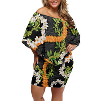 Aloha Festive Hawaii Family Matching Off Shoulder Short Dress and Hawaiian Shirt Mokihana - Maile and Ilima on Black LT7 Mom's Dress Black - Polynesian Pride