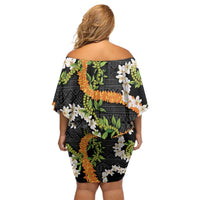 Aloha Festive Hawaii Family Matching Off Shoulder Short Dress and Hawaiian Shirt Mokihana - Maile and Ilima on Black LT7 - Polynesian Pride