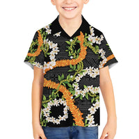 Aloha Festive Hawaii Family Matching Off Shoulder Short Dress and Hawaiian Shirt Mokihana - Maile and Ilima on Black LT7 Son's Shirt Black - Polynesian Pride