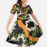 Aloha Festive Hawaii Family Matching Puletasi and Hawaiian Shirt Mokihana - Maile and Ilima on Black LT7 Daughter's Dress Black - Polynesian Pride