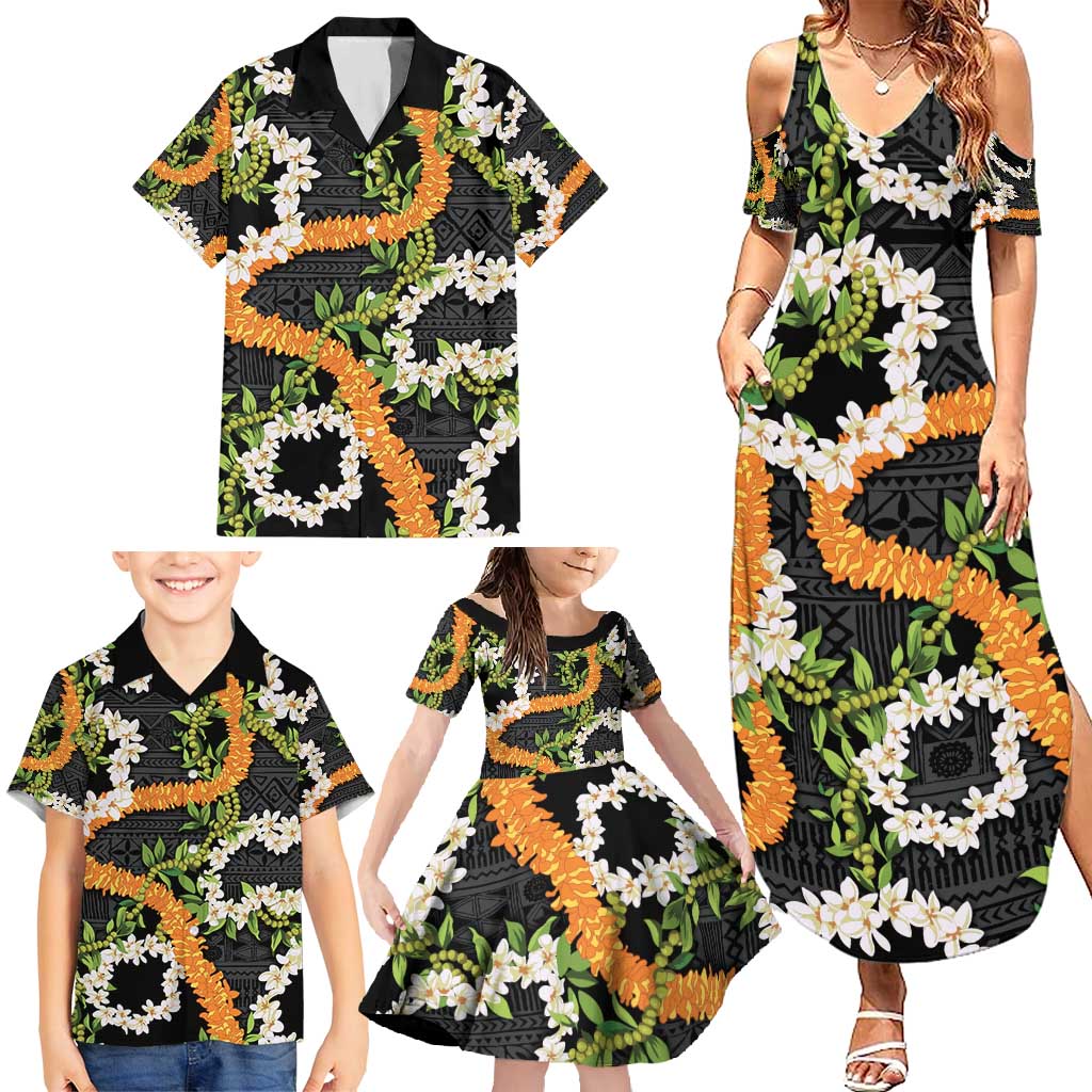 Aloha Festive Hawaii Family Matching Summer Maxi Dress and Hawaiian Shirt Mokihana - Maile and Ilima on Black LT7 - Polynesian Pride
