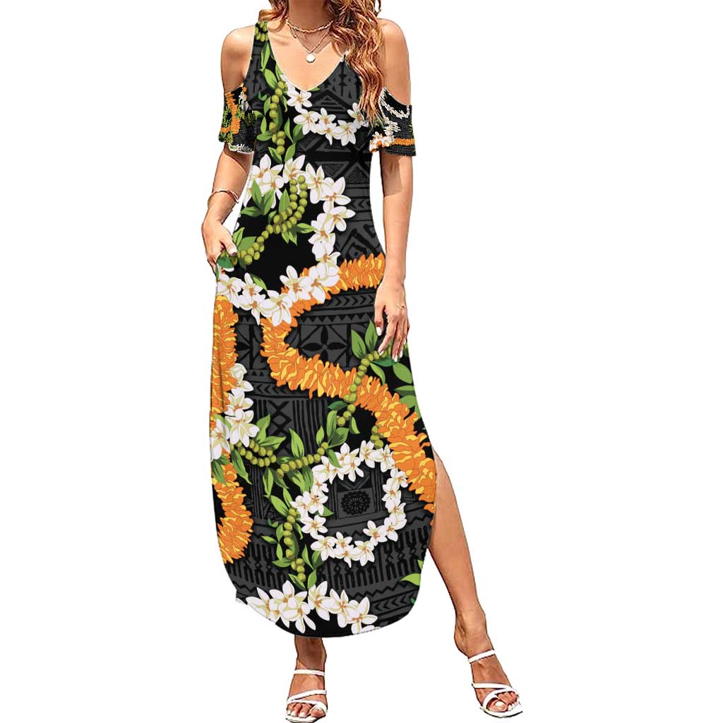 Aloha Festive Hawaii Family Matching Summer Maxi Dress and Hawaiian Shirt Mokihana - Maile and Ilima on Black LT7 Mom's Dress Black - Polynesian Pride