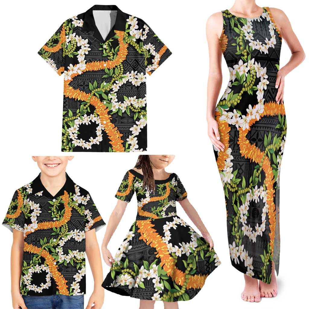 Aloha Festive Hawaii Family Matching Tank Maxi Dress and Hawaiian Shirt Mokihana - Maile and Ilima on Black LT7 - Polynesian Pride