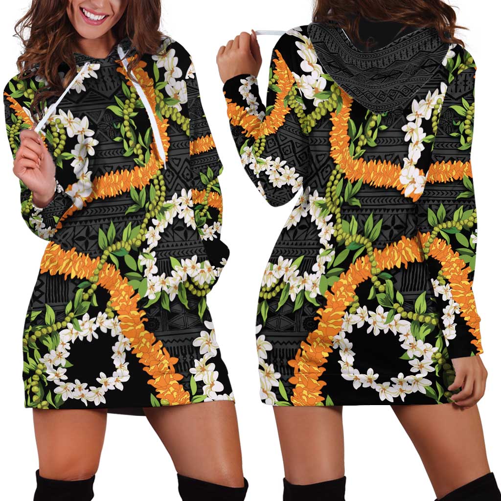 Aloha Festive Hawaii Hoodie Dress Mokihana - Maile and Ilima on Black LT7 - Polynesian Pride