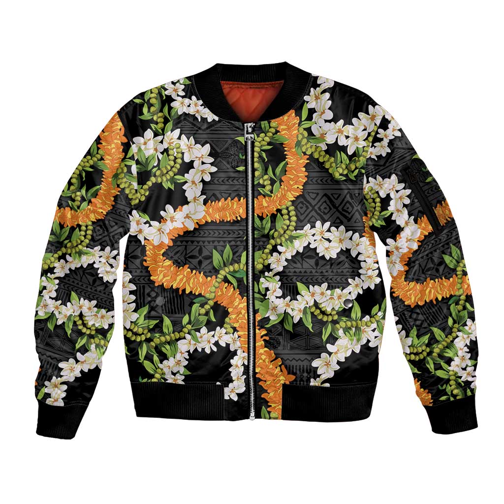 Aloha Festive Hawaii Sleeve Zip Bomber Jacket Mokihana - Maile and Ilima on Black LT7 Unisex Black - Polynesian Pride
