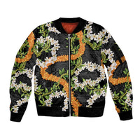 Aloha Festive Hawaii Sleeve Zip Bomber Jacket Mokihana - Maile and Ilima on Black LT7 Unisex Black - Polynesian Pride