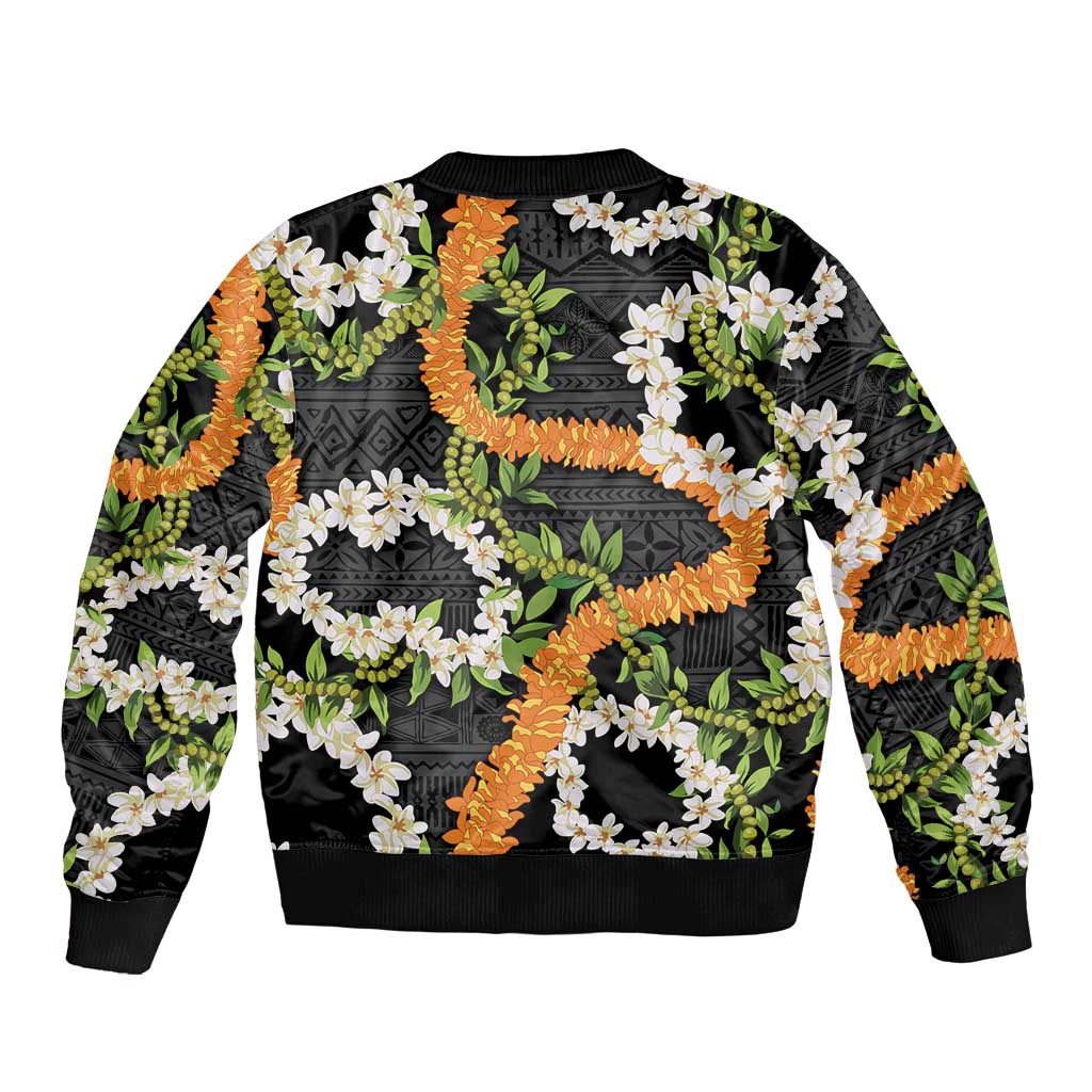 Aloha Festive Hawaii Sleeve Zip Bomber Jacket Mokihana - Maile and Ilima on Black LT7 - Polynesian Pride
