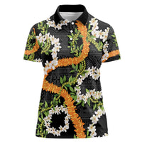 Aloha Festive Hawaii Women Polo Shirt Mokihana - Maile and Ilima on Black - Polynesian Pride