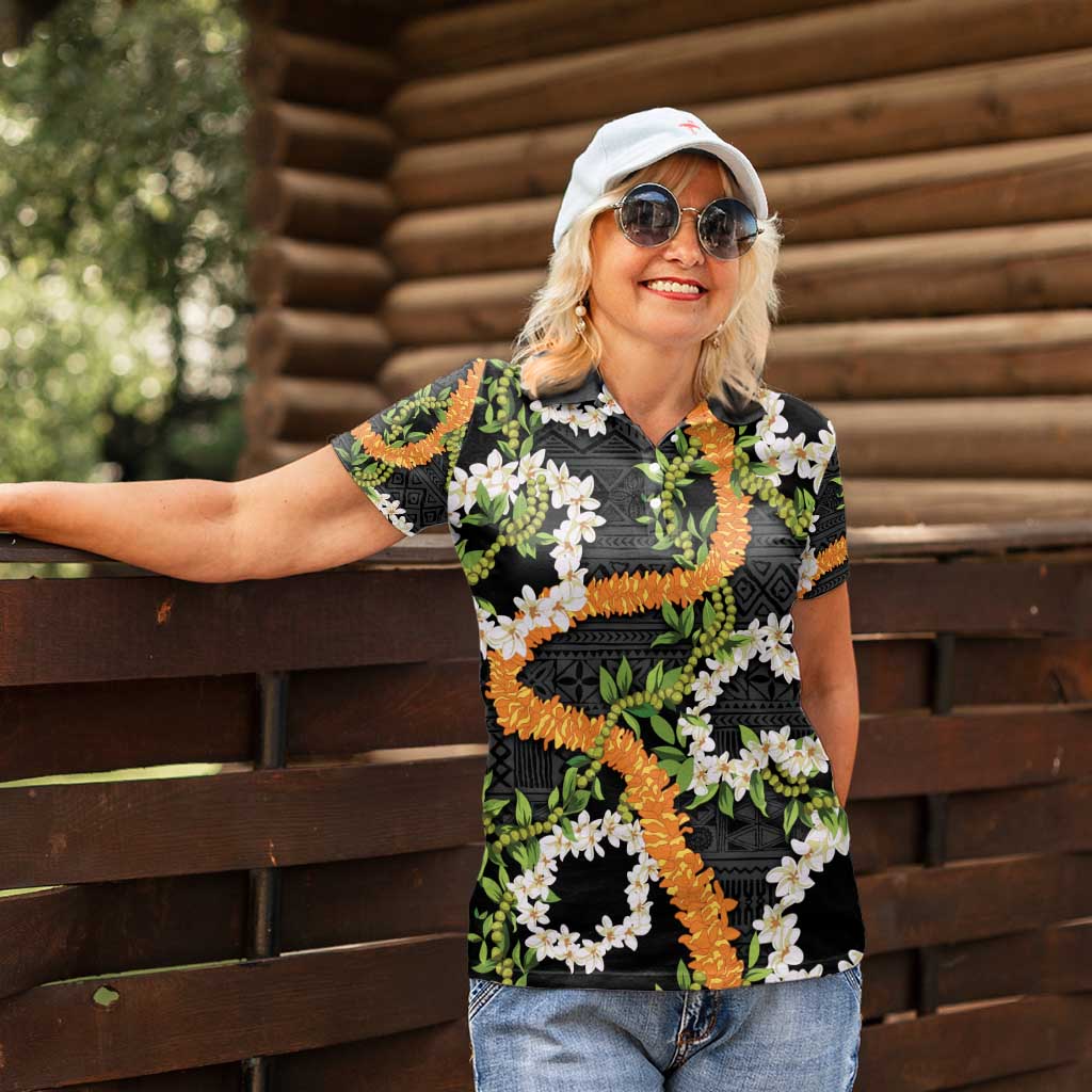 Aloha Festive Hawaii Women Polo Shirt Mokihana - Maile and Ilima on Black - Polynesian Pride