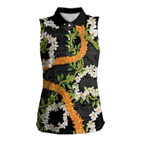 Aloha Festive Hawaii Women Sleeveless Polo Shirt Mokihana - Maile and Ilima on Black LT7 Female Black - Polynesian Pride
