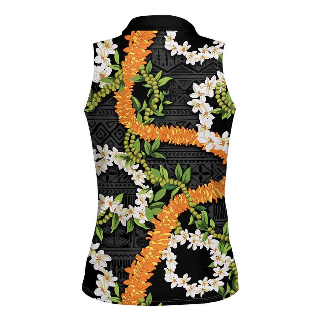 Aloha Festive Hawaii Women Sleeveless Polo Shirt Mokihana - Maile and Ilima on Black LT7 - Polynesian Pride