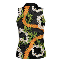Aloha Festive Hawaii Women Sleeveless Polo Shirt Mokihana - Maile and Ilima on Black LT7 - Polynesian Pride