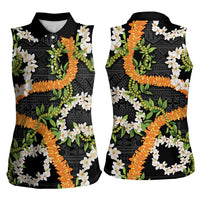 Aloha Festive Hawaii Women Sleeveless Polo Shirt Mokihana - Maile and Ilima on Black LT7 - Polynesian Pride