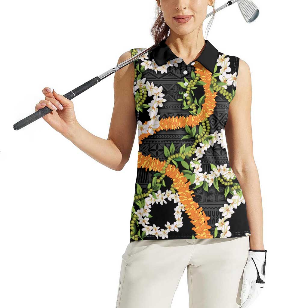 Aloha Festive Hawaii Women Sleeveless Polo Shirt Mokihana - Maile and Ilima on Black LT7 - Polynesian Pride