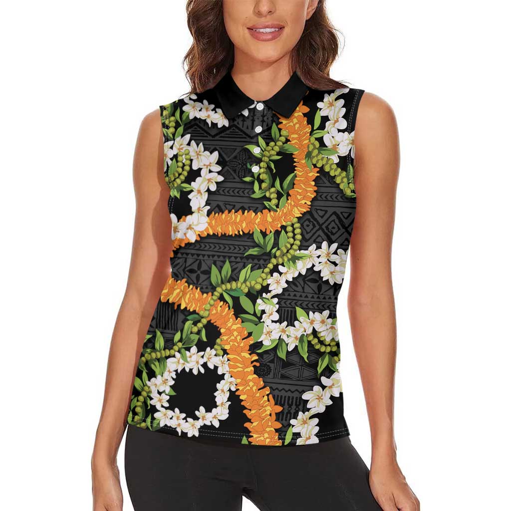 Aloha Festive Hawaii Women Sleeveless Polo Shirt Mokihana - Maile and Ilima on Black LT7 - Polynesian Pride