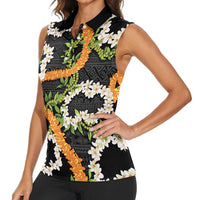 Aloha Festive Hawaii Women Sleeveless Polo Shirt Mokihana - Maile and Ilima on Black LT7 - Polynesian Pride