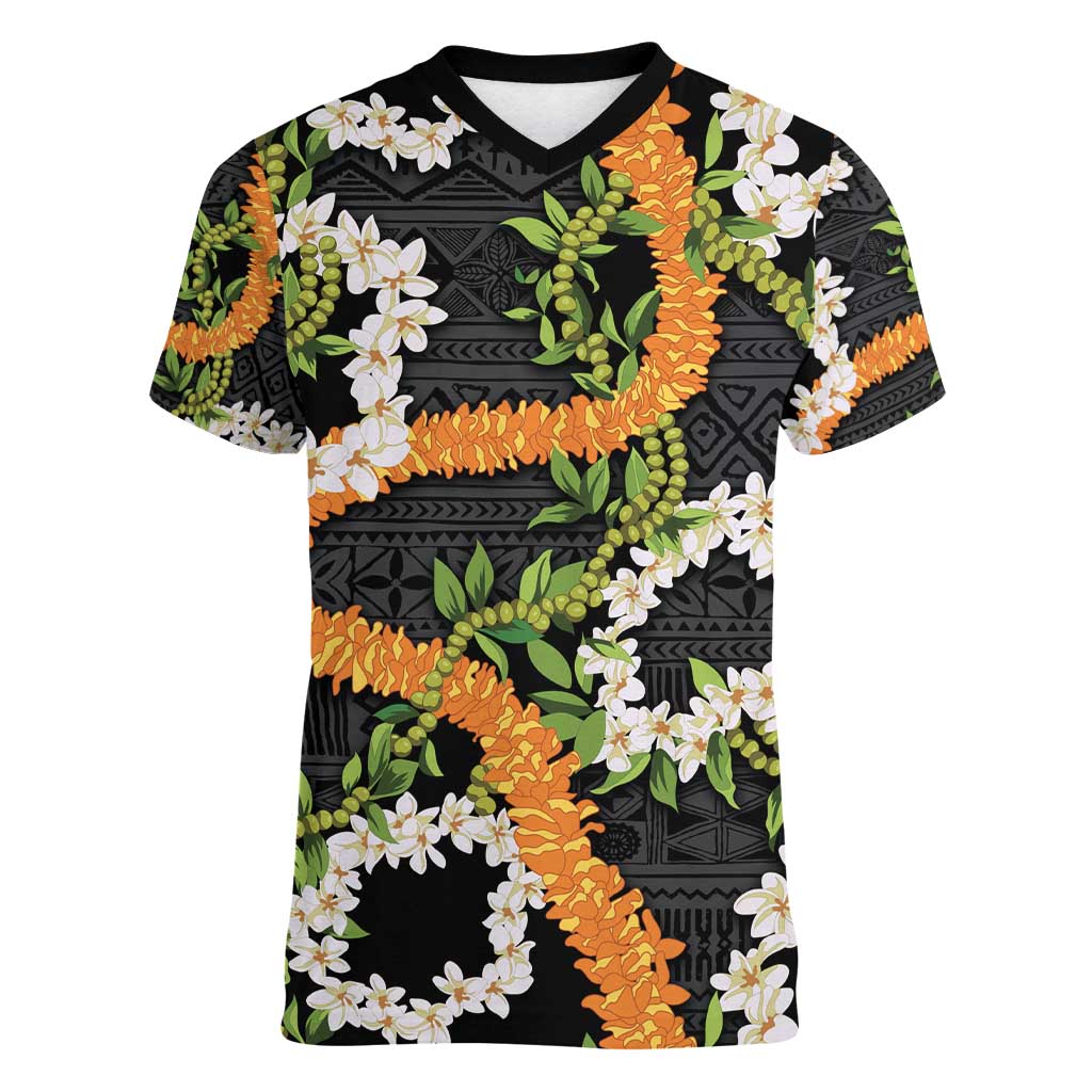 Aloha Festive Hawaii Women V-Neck T-Shirt Mokihana - Maile and Ilima on Black LT7 Female Black - Polynesian Pride