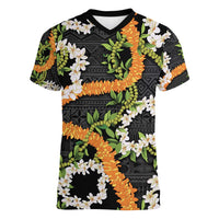 Aloha Festive Hawaii Women V-Neck T-Shirt Mokihana - Maile and Ilima on Black LT7 Female Black - Polynesian Pride