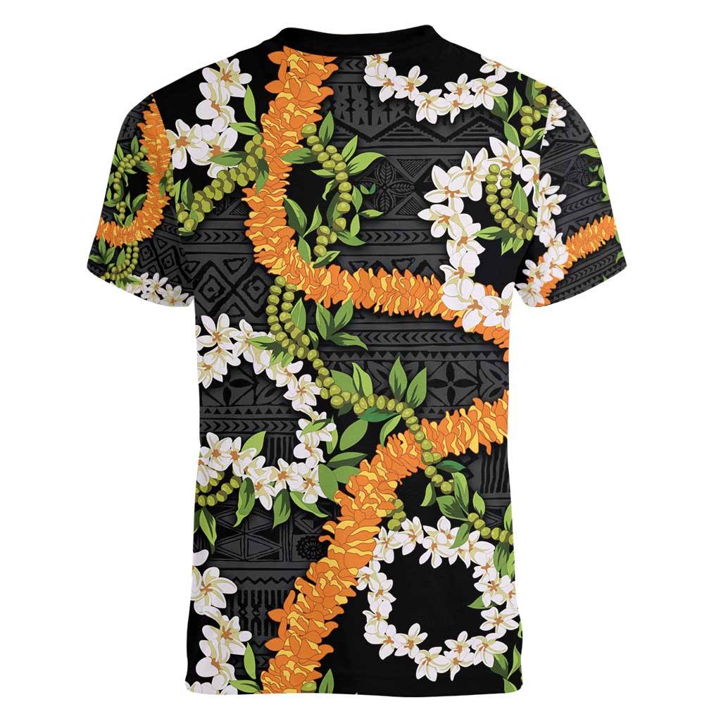 Aloha Festive Hawaii Women V-Neck T-Shirt Mokihana - Maile and Ilima on Black LT7 - Polynesian Pride