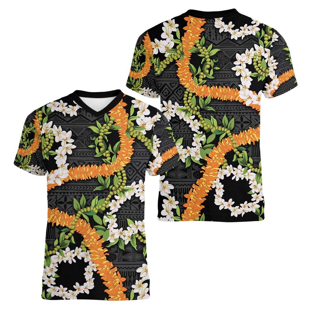 Aloha Festive Hawaii Women V-Neck T-Shirt Mokihana - Maile and Ilima on Black LT7 - Polynesian Pride
