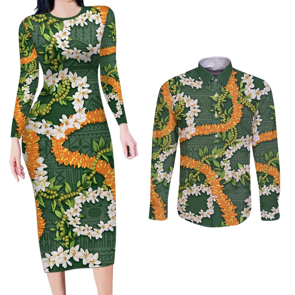 Aloha Festive Hawaii Couples Matching Long Sleeve Bodycon Dress and Long Sleeve Button Shirt Mokihana - Maile and Ilima on Forest Green LT7 Forest Green - Polynesian Pride