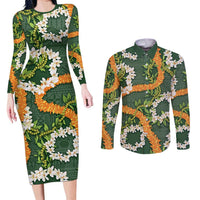 Aloha Festive Hawaii Couples Matching Long Sleeve Bodycon Dress and Long Sleeve Button Shirt Mokihana - Maile and Ilima on Forest Green LT7 Forest Green - Polynesian Pride