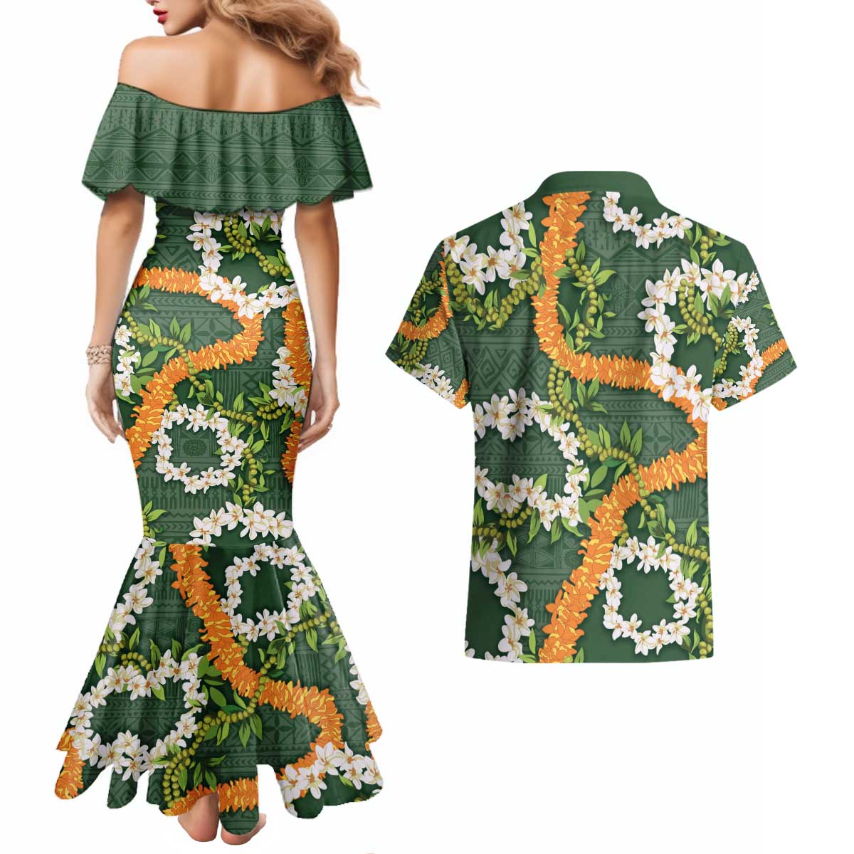 Aloha Festive Hawaii Couples Matching Mermaid Dress and Hawaiian Shirt Mokihana - Maile and Ilima on Forest Green LT7 - Polynesian Pride